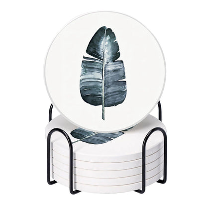 UMAI Diatomite Coaster Set of 6 with Cork Steel Holder 10cm 8mm Thick Leaf Print Absorbent