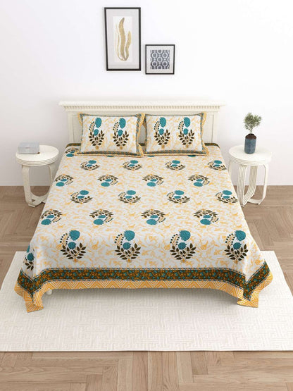 100% Pure Cotton Traditional Printed Bedsheet for Double Bed King Size Bedsheet with 2 Pillow Covers
