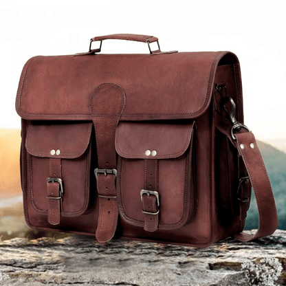 Craftshades – 11*15 Inch Double Pocket Handcrafted Vintage Messenger Goat Leather Bag For Men | 100% Genuine Leather
