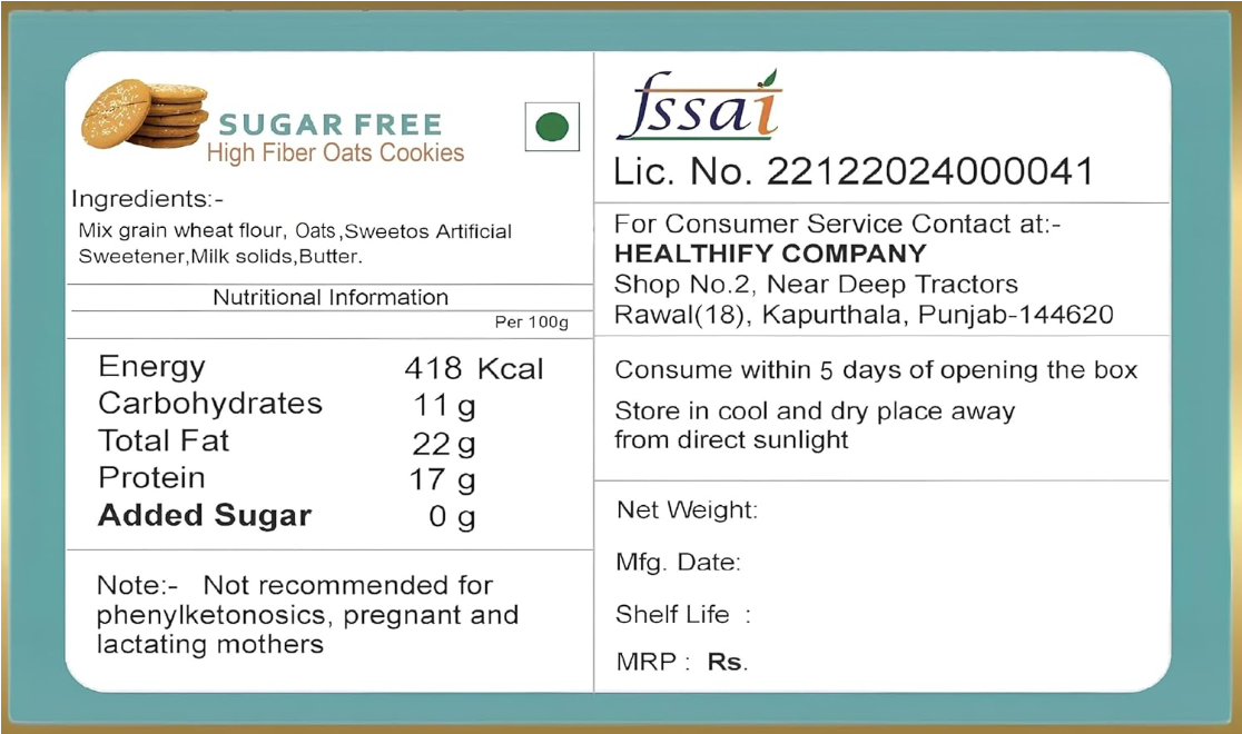 Healthify Sugar Free Oats Cookies Biscuits  - 50g