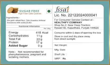 Healthify Sugar Free Oats Cookies Biscuits  - 50g