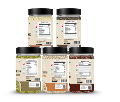 Nutri Hut Seeds Combo  - Flax, Sesame, Pumpkin & Sunflower Seeds, Sabja Seeds