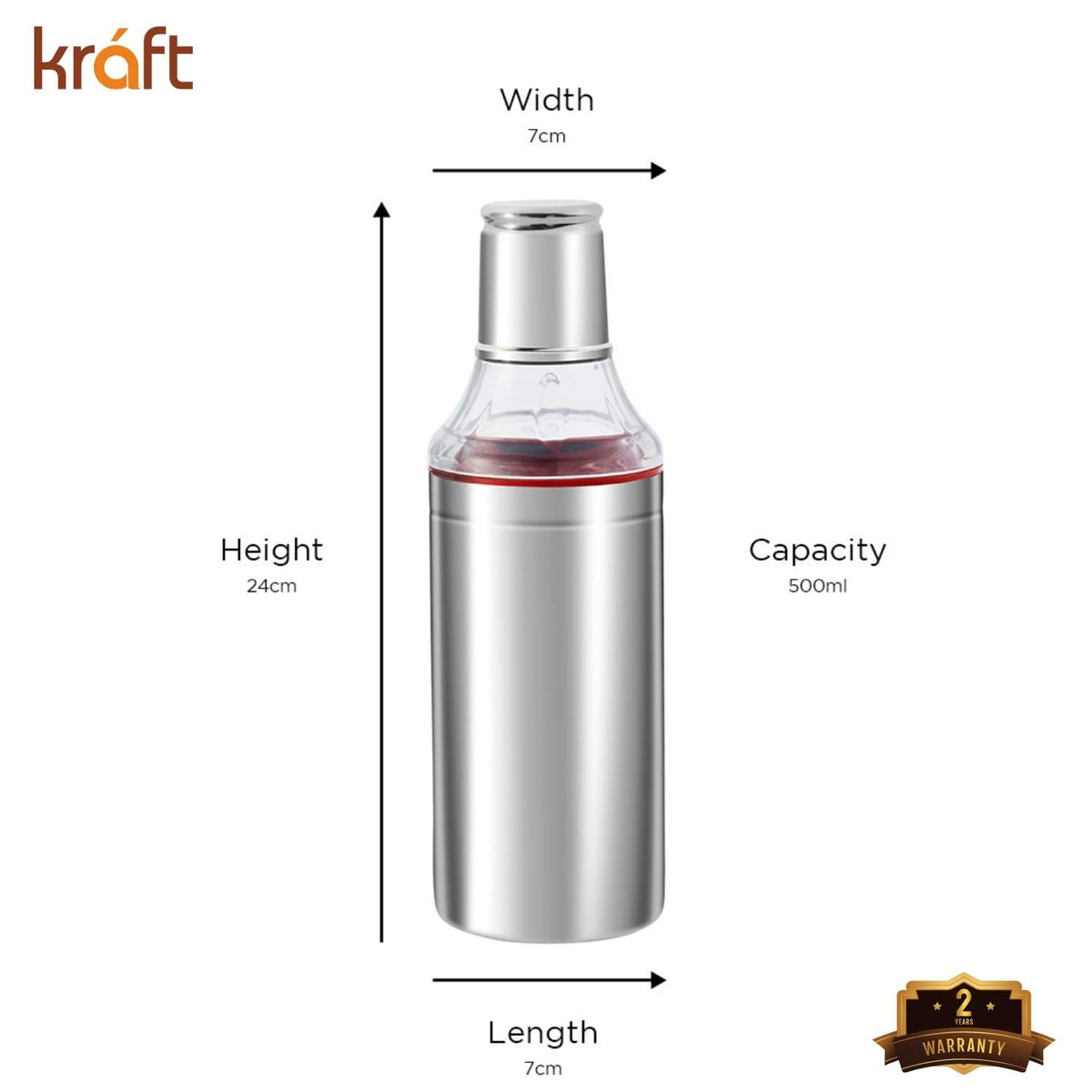 Kraft Stainless Steel Oil Dispenser Bottle with Cap and Nozzle - 500 ml