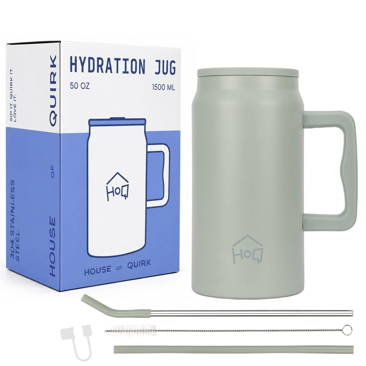 House of Quirk 1500ML Stainless Steel Mug Tumbler with Handle & Straw Lid