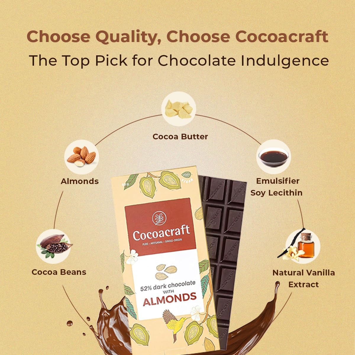 Cocoacraft 52% Mild Dark Chocolate Bar with Almonds - 80 grams