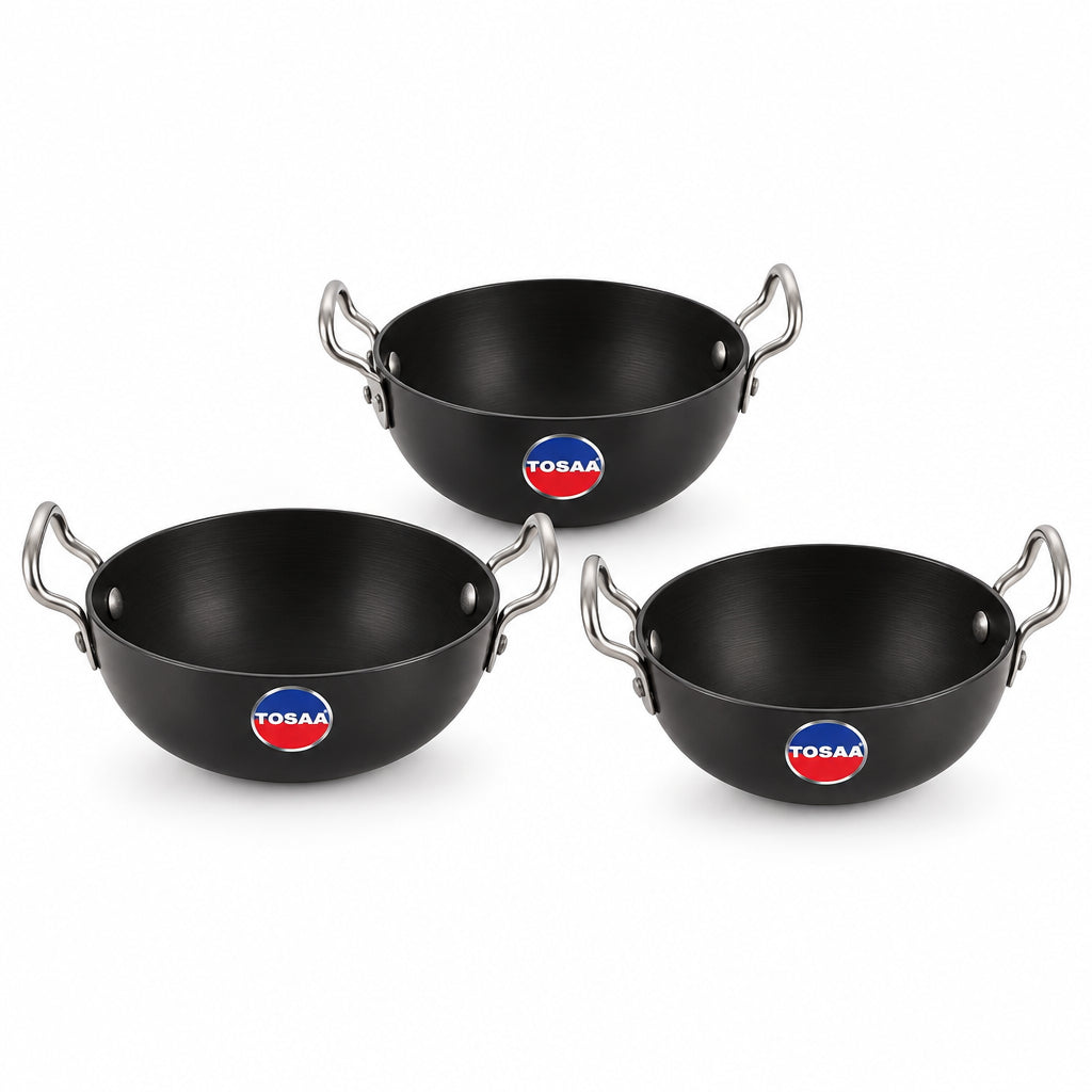 Tosaa Non-Stick Hard Anodised Serving Kadhai 3-Pc Set 340ml + 360ml + 375ml Black