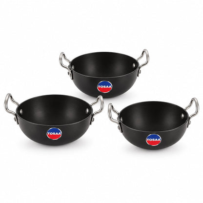 Tosaa Non-Stick Hard Anodised Serving Kadhai 3-Pc Set 340ml + 360ml + 375ml Black