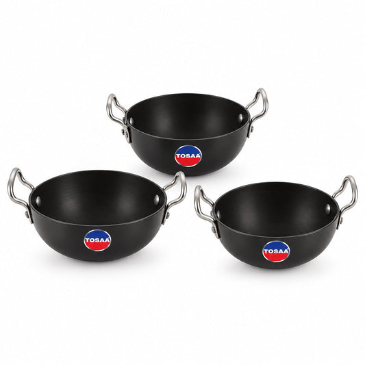 Tosaa Non-Stick Hard Anodised Serving Kadhai 3-Pc Set 340ml + 360ml + 375ml Black