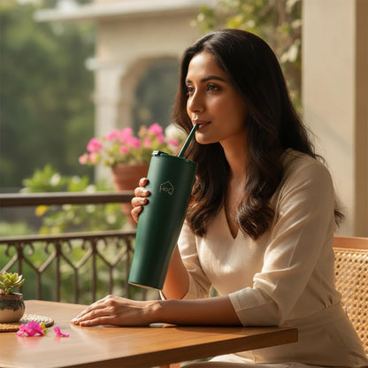 House of Quirk 1200ML Tumbler with Handle and 2 Straw Flip Lid Green