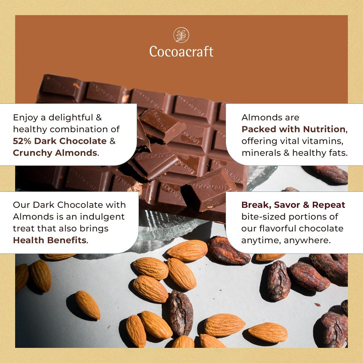 Cocoacraft 52% Mild Dark Chocolate Bar with Almonds - 80 grams