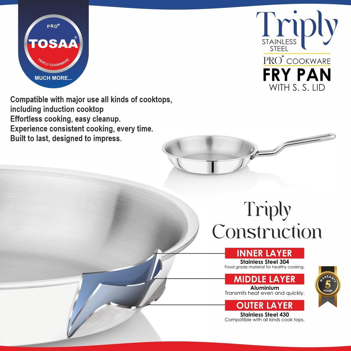 Tosaa SS Tri-Ply Fry Pan with Lid 22cm