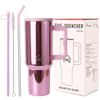 House of Quirk 1200ML Stainless Steel Tumbler with Handle & Lid - Mettalic Pink