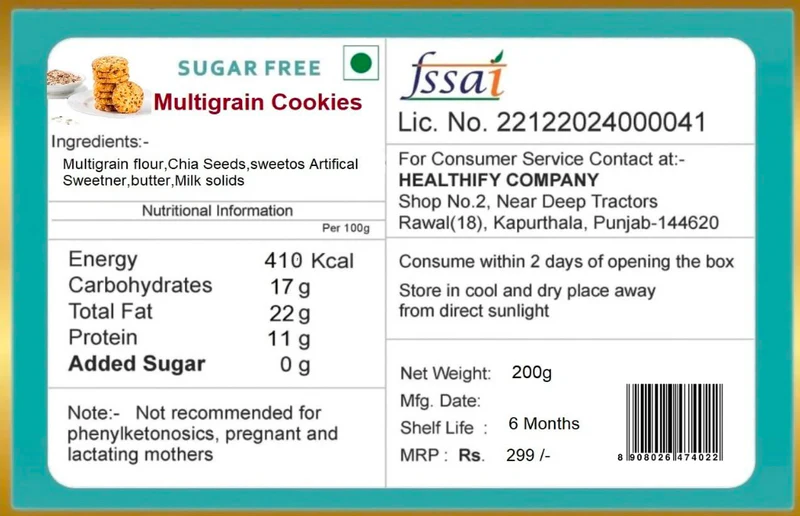 Healthify Sugar Free Multigrain Cookies Biscuits - 200g