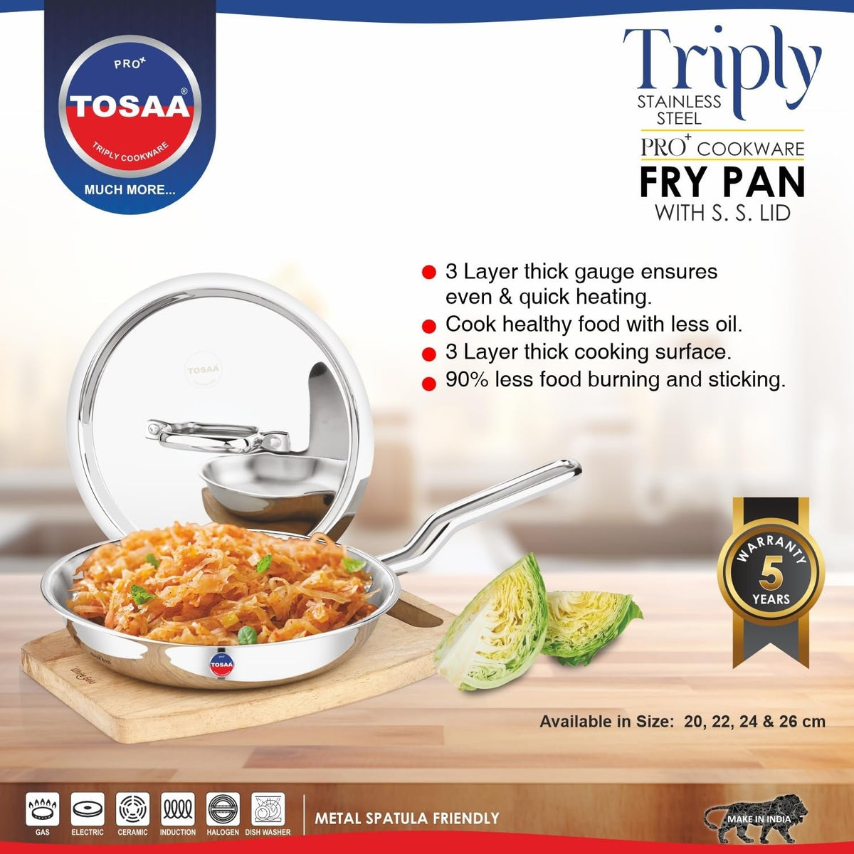 Tosaa SS Tri-Ply Fry Pan with Lid 22cm