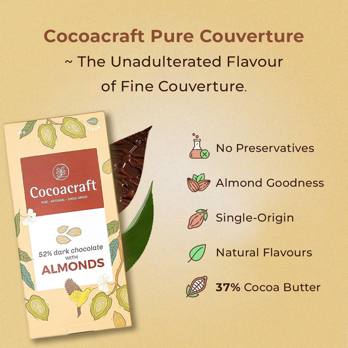 Cocoacraft 52% Mild Dark Chocolate Bar with Almonds - 80 grams
