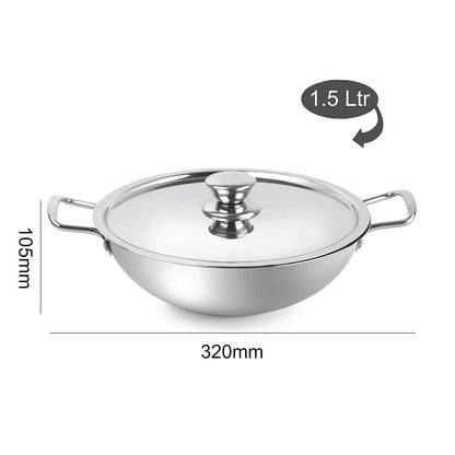 Cello Steelox Premia Stainless Steel Kadhai with SS Lid 1.5Ltr / 22cm, Silver, Medium