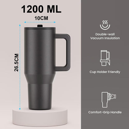 House of Quirk 1200ML Tumbler with Handle & Simple Flip Straw - Black
