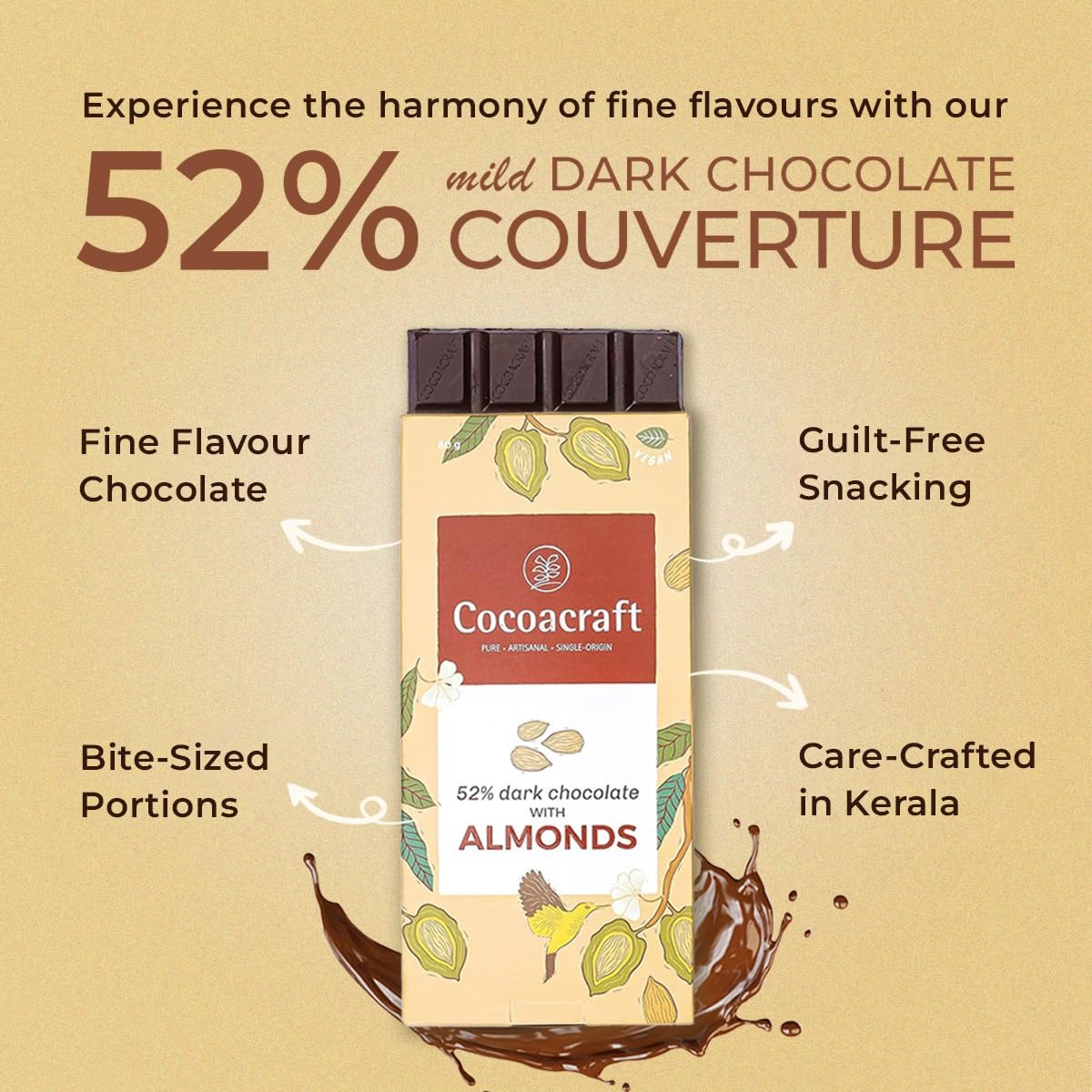 Cocoacraft 52% Mild Dark Chocolate Bar with Almonds - 80 grams