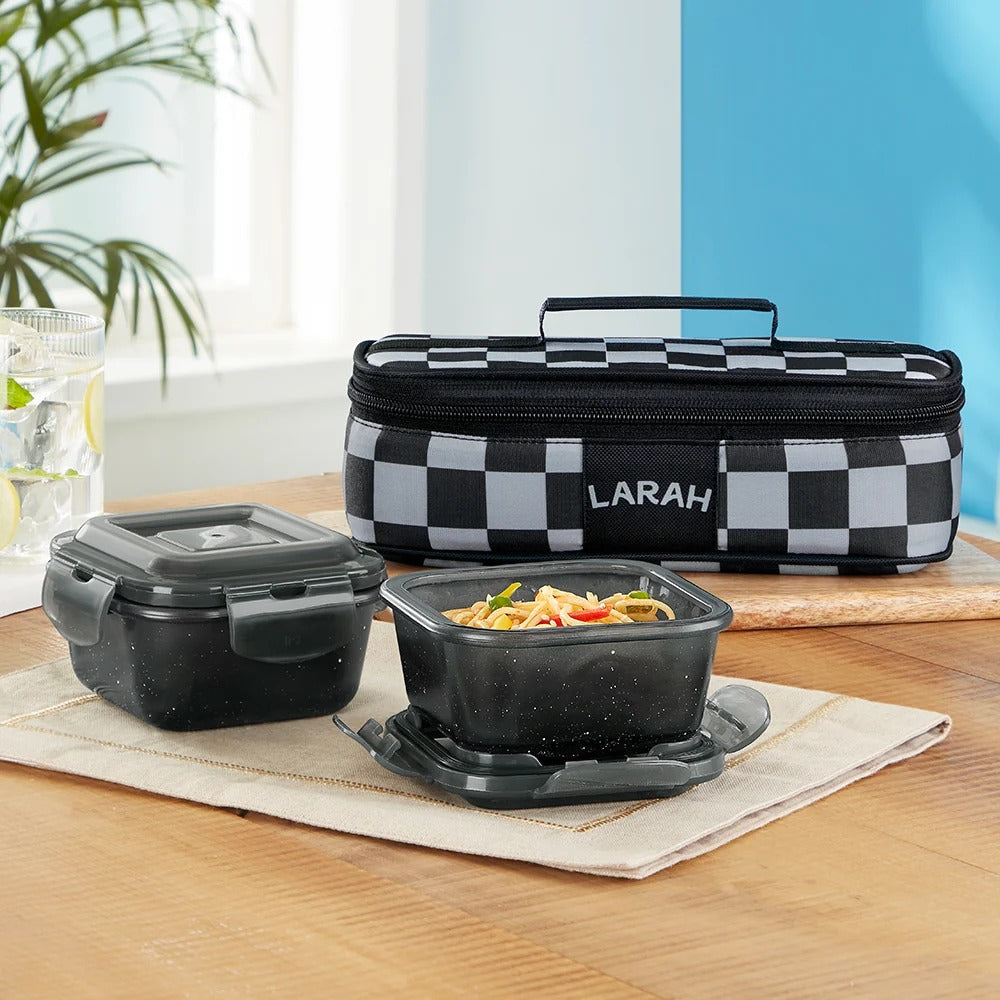 Borosil Larah ColorMate Horizontal Square Lunch Box Black Set of 2 (320ml each)