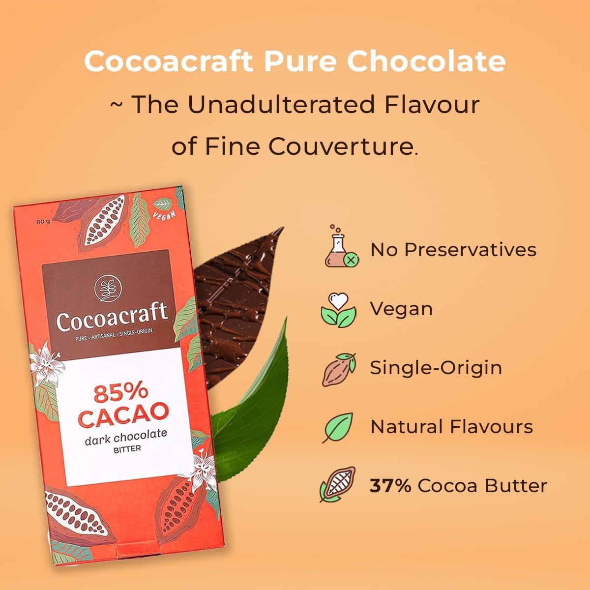 Cocoacraft 85% Dark Chocolate Bar - 80 grams