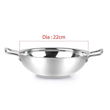 Cello Steelox Premia Stainless Steel Kadhai with SS Lid 1.5Ltr / 22cm, Silver, Medium