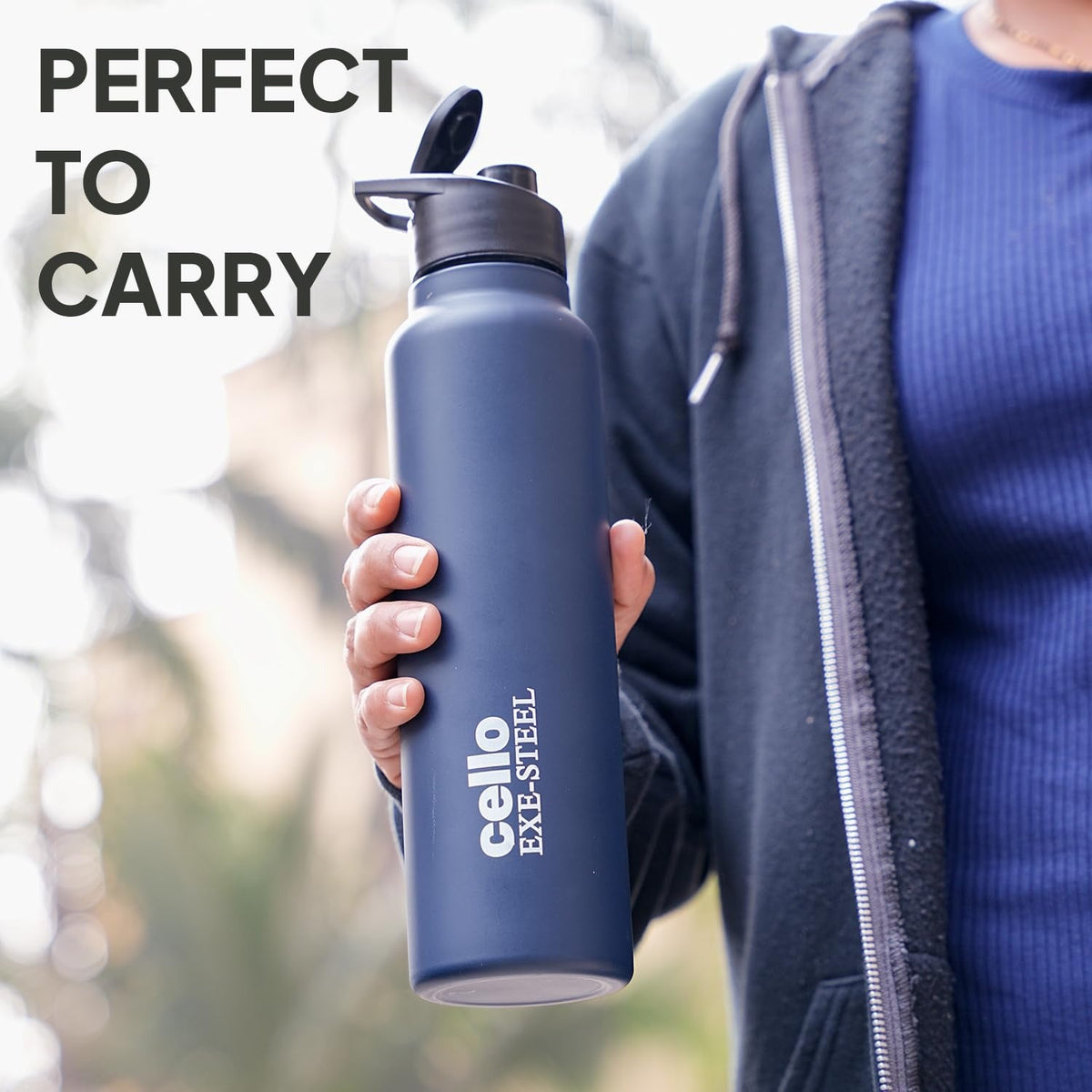 CELLO Crysta Flip Stainless Steel Water Bottle 1000 ml, Navy Blue