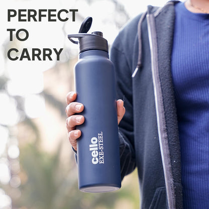 CELLO Crysta Flip Stainless Steel Water Bottle 1000 ml, Navy Blue