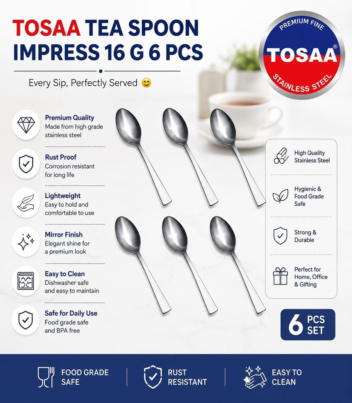 Tosaa Tea Spoon Impress 16G 6-Piece Stainless Steel Spoon Set