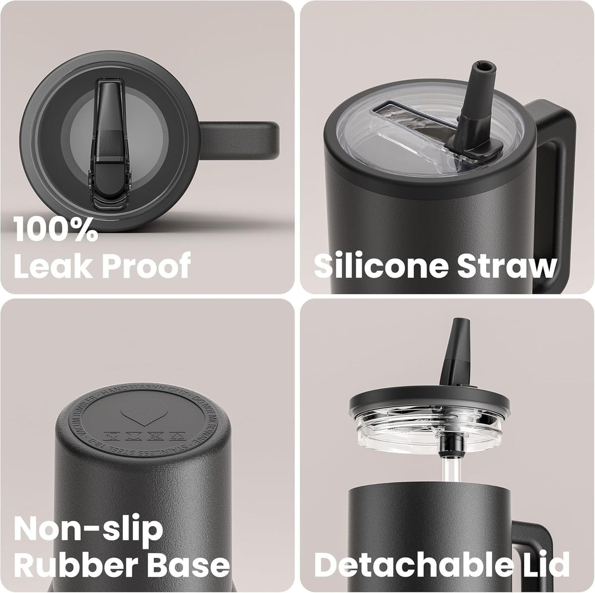 House of Quirk 1200ML Tumbler with Handle & Simple Flip Straw - Black