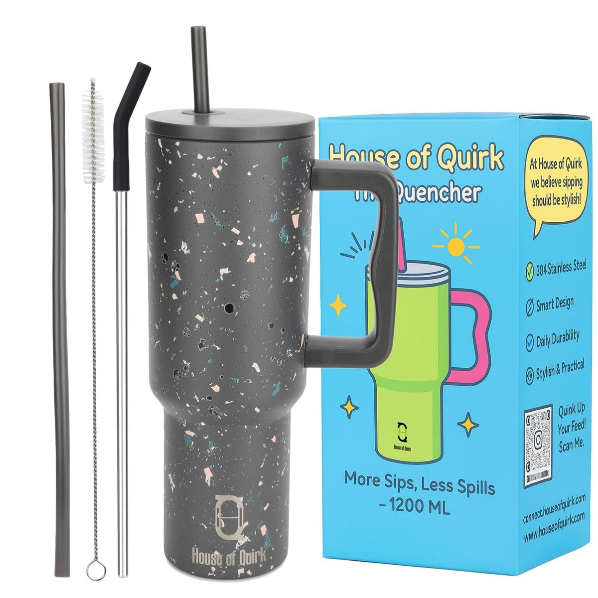 House of Quirk 1200ML Stainless Steel Tumbler with Handle - Grey Paint