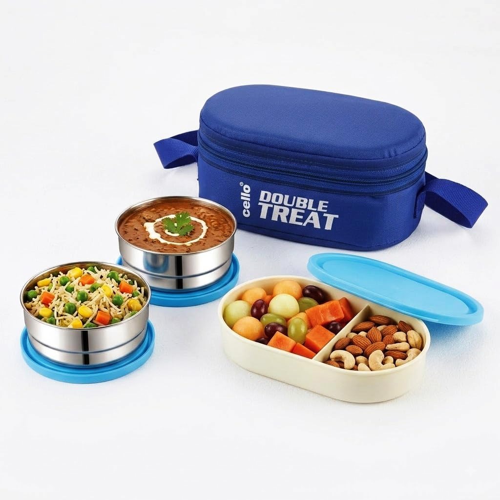 CELLO Double Treat Set of 3 Pcs Lunch Box for Office Use with Jacket Blue