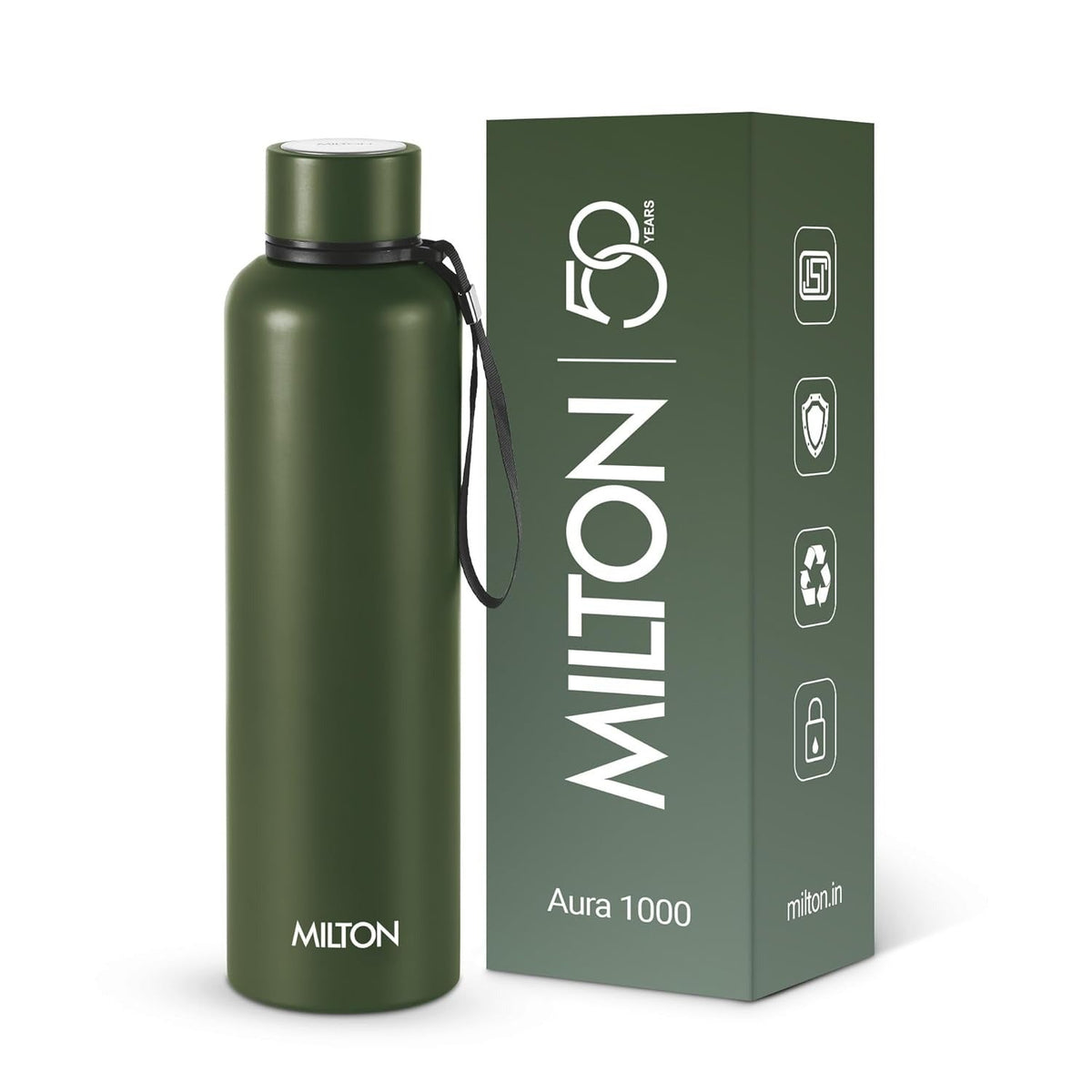 Milton Aura 1000 Thermosteel Water Bottle, 24 Hr Hot and Cold - Military Green