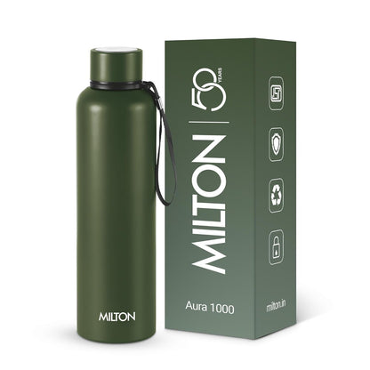 Milton Aura 1000 Thermosteel Water Bottle, 24 Hr Hot and Cold - Military Green