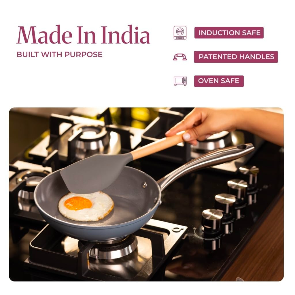Asai Ceramic Non Stick 3 Pc Cookware Set | Frying Pan (24cm) + Lid, Dosa Tawa (28cm)