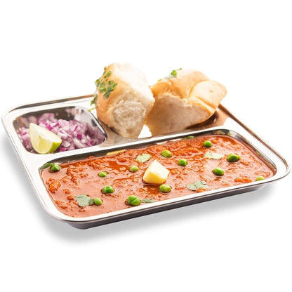 Kraft Stainless Steel Compartment Pav Bhaji Plate 3-Section Plate for Snacks Dinner Serving
