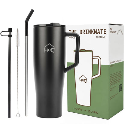House of Quirk 1200ML Tumbler with Handle and 2 Straw Flip Lid - Black