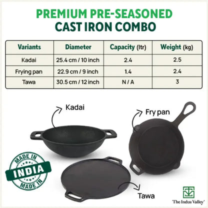 The Indus Valley Castrong Cast Iron Cookware Set - Tawa + Kadai + Fry Pan + Free Flip