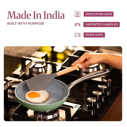 Asai Ceramic Non Stick 3 Pc Cookware Set | Frying Pan (24cm) + Lid, Dosa Tawa (28cm) - Green