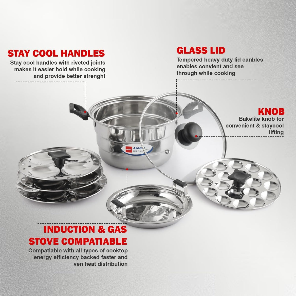 CELLO Aroma Stainless Steel Idli Momo Maker and Steamer with Glass Lid, 3.5 Litre 22 CM