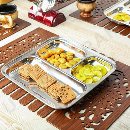 Kraft Stainless Steel Compartment Pav Bhaji Plate 3-Section Plate for Snacks Dinner Serving