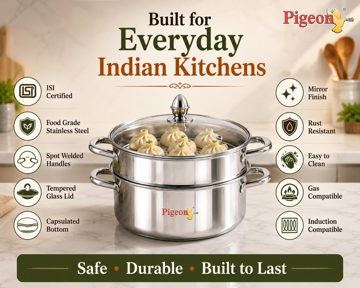 Pigeon Elantra Stainless Steel 2 Tier Steamer Pot Set with Glass Lid