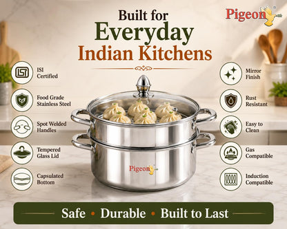 Pigeon Elantra Stainless Steel 2 Tier Steamer Pot Set with Glass Lid