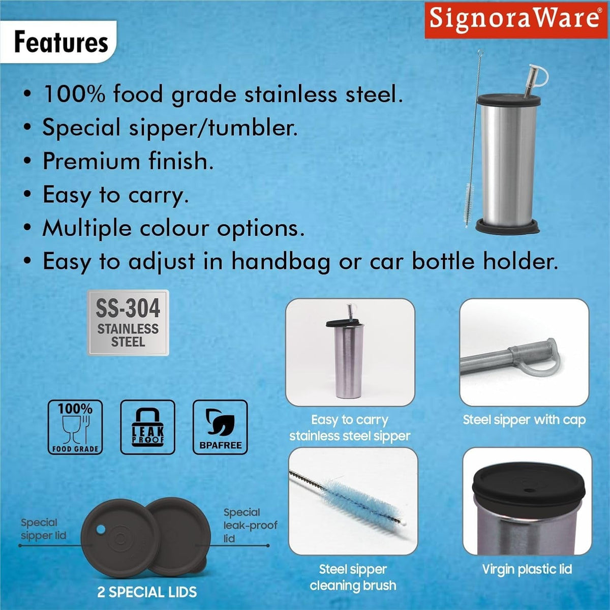 Signora Ware Stainless Steel Tumbler with Steel Straw & 2 Lids, 500ml, Black
