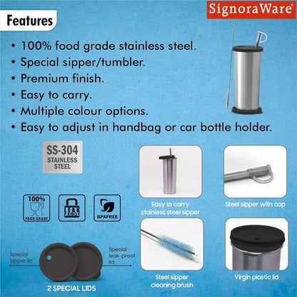 Signora Ware Stainless Steel Tumbler with Steel Straw & 2 Lids, 500ml, Black