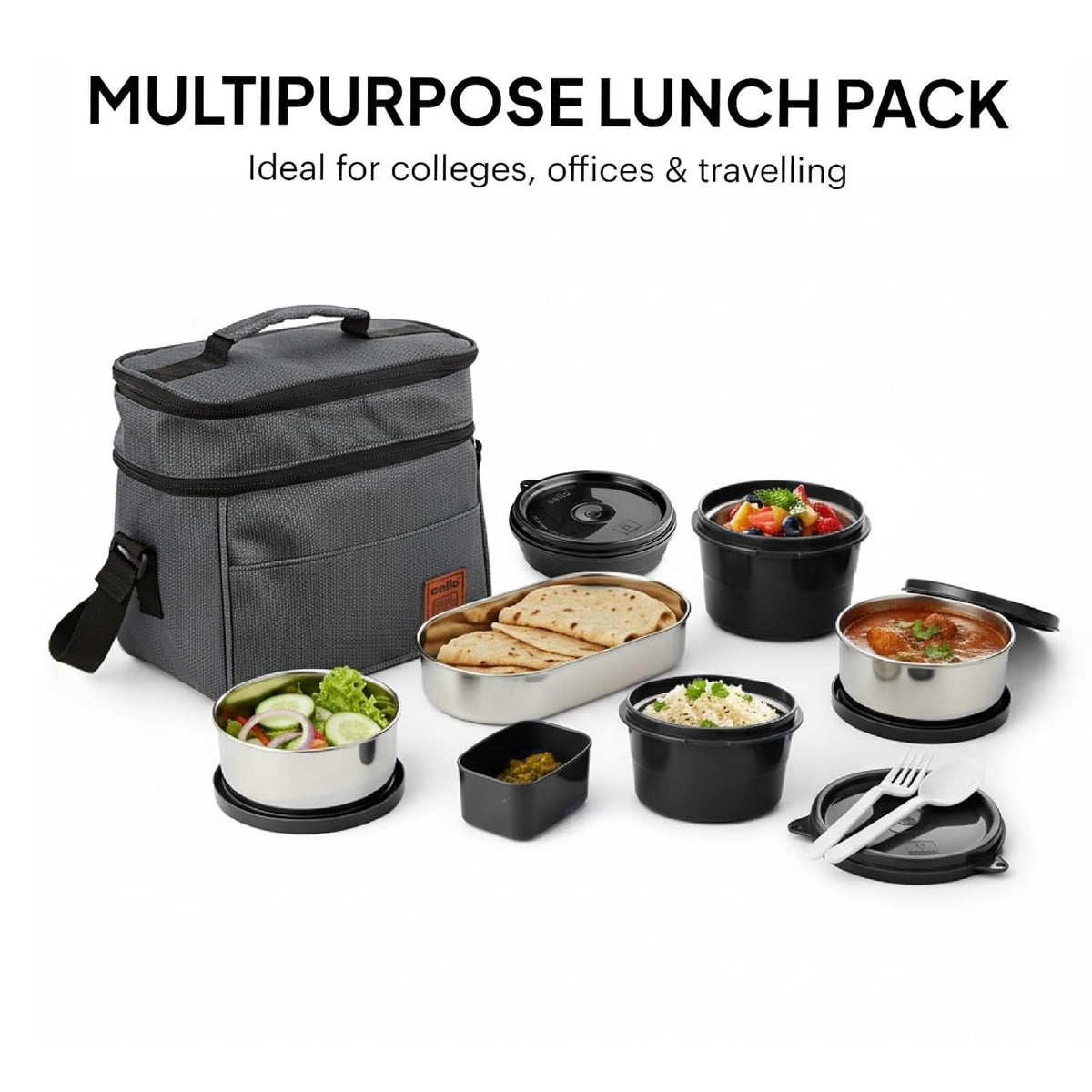 CELLO MF All Day Meal Lunch Box with Bag, Grey