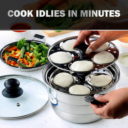 CELLO Aroma Stainless Steel Idli Momo Maker and Steamer with Glass Lid, 3.5 Litre 22 CM