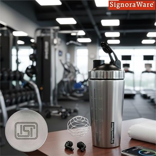 SIGNORA WARE Stainless Steel Shaker, 750ml, Silver, Leakproof, Compact for Protein Shakes & Pre-Workout