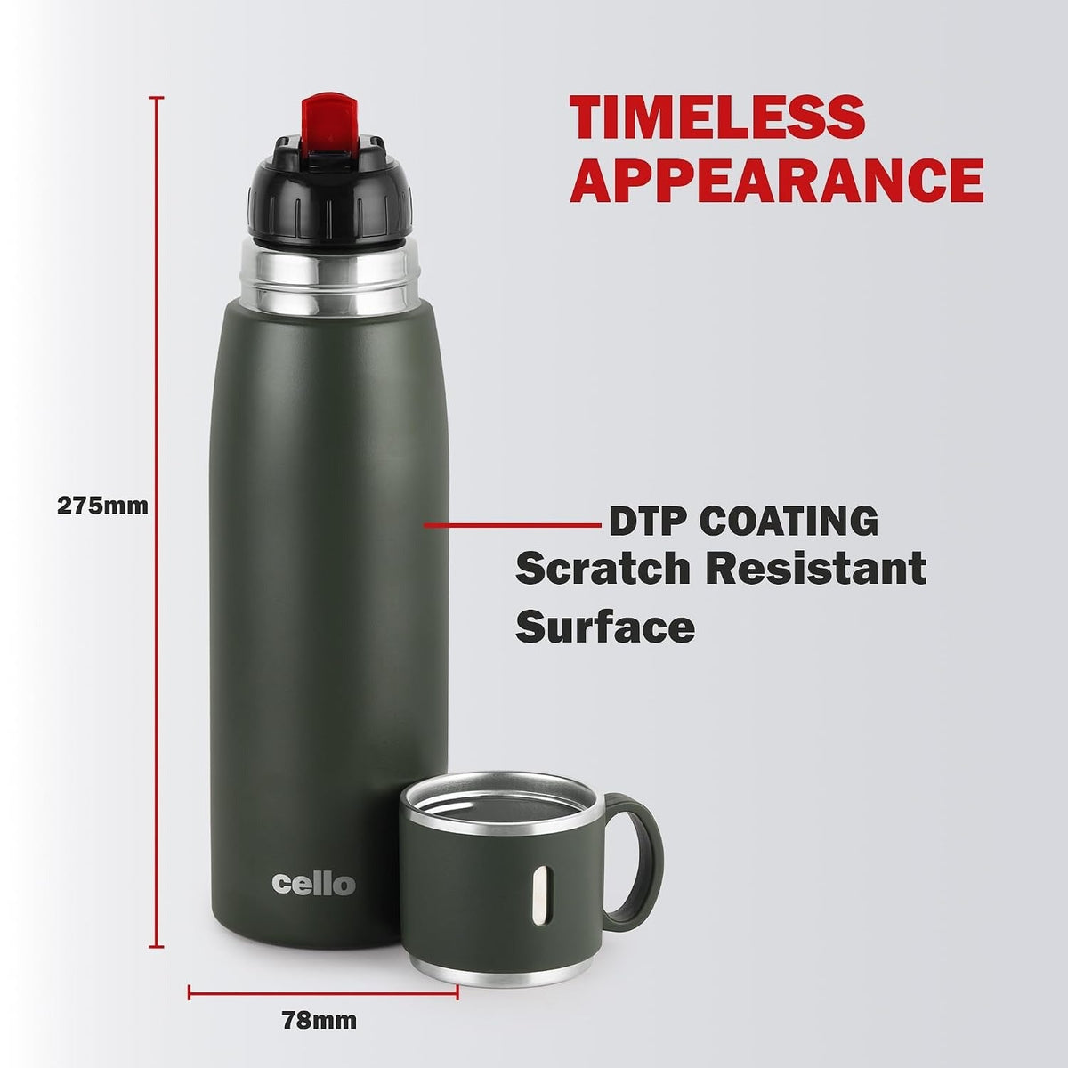 CELLO Duro Cup Style Thermosteel Flask, 750ml, Military Green