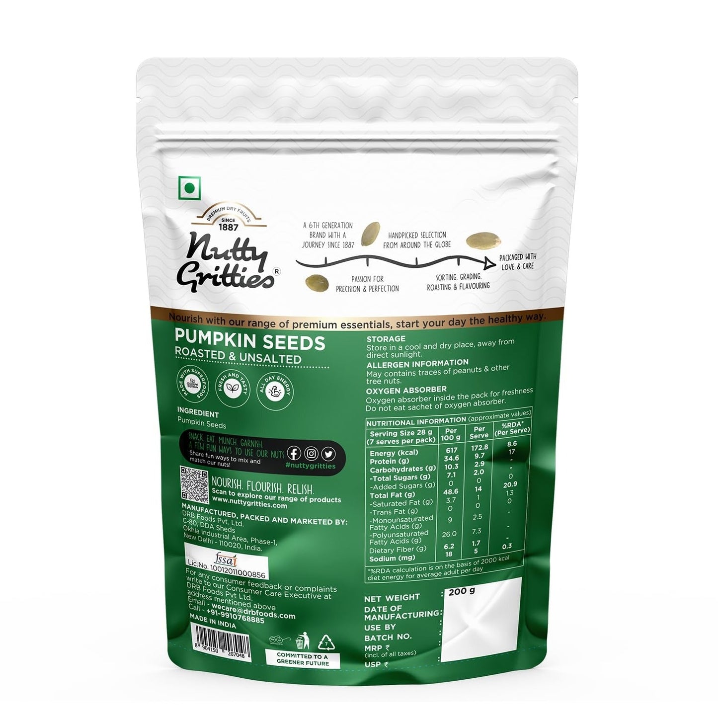 Nutty Gritties Roasted Unsalted Pumpkin Seeds - 200g