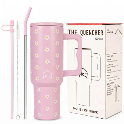 House of Quirk 1200ML Stainless Steel Tumbler with Handle & Lid - Pink Daisy